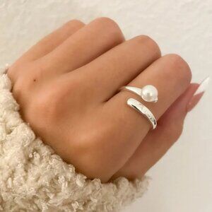 Sterling Silver Pearl Ring Dainty Wrap Ring Pearl Accent Ring Stackable Ring